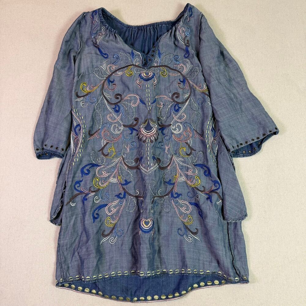 Embroidered Tencel Chambray Tunic Peasant Dress Women's S Boho Festival Cottage - Picture 13 of 14
